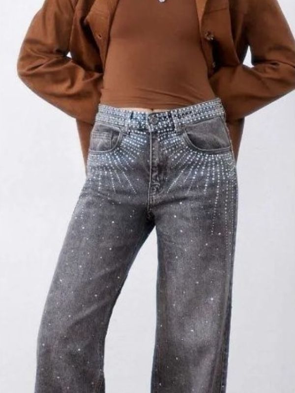 Τζιν Ψηλόμεσο Ελαστικό Wide Leg με Στρας