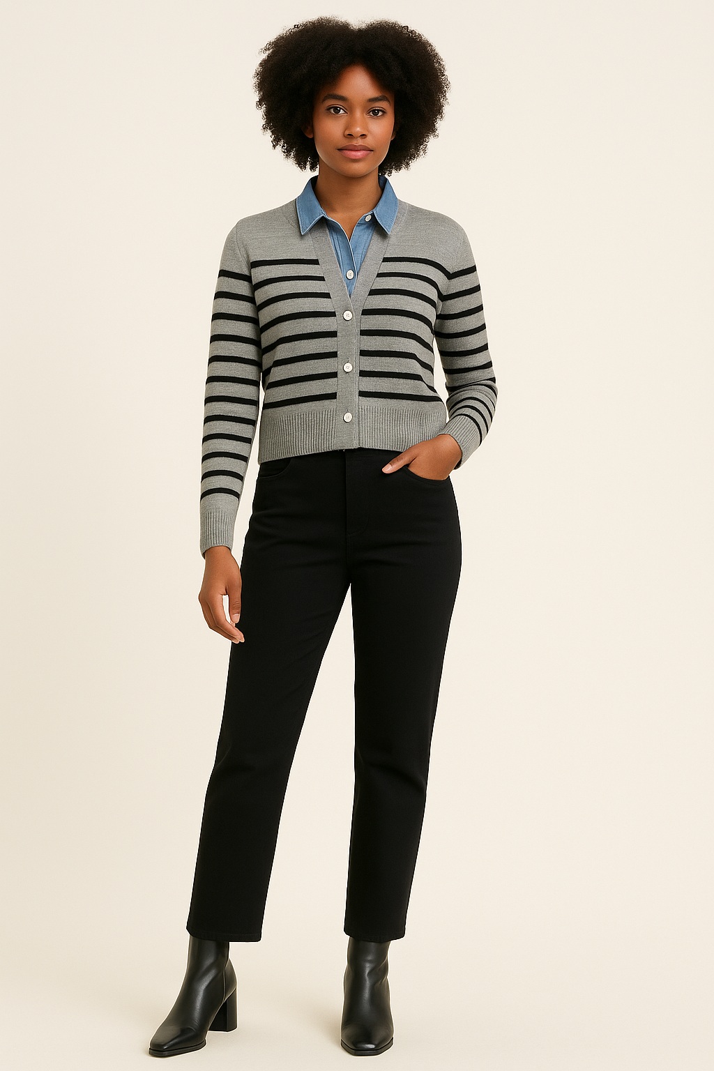 Πλεκτό Ριγέ Cardigan με Τζιν Λεπτομέρειες - Image 2