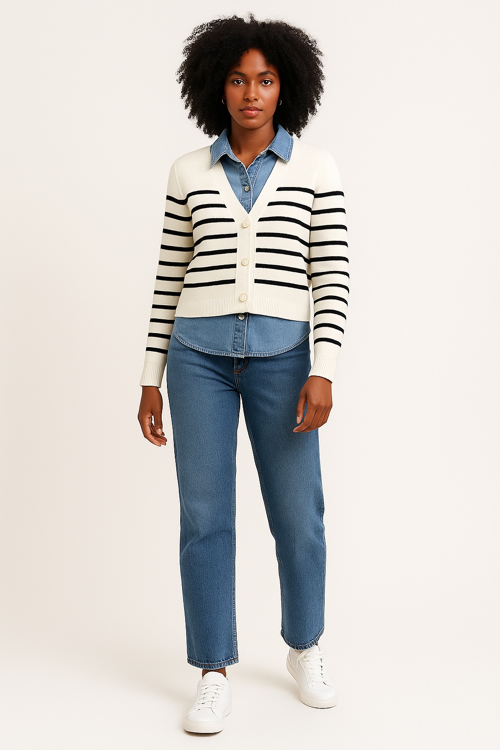 Πλεκτό Ριγέ Cardigan με Τζιν Λεπτομέρειες - Image 3