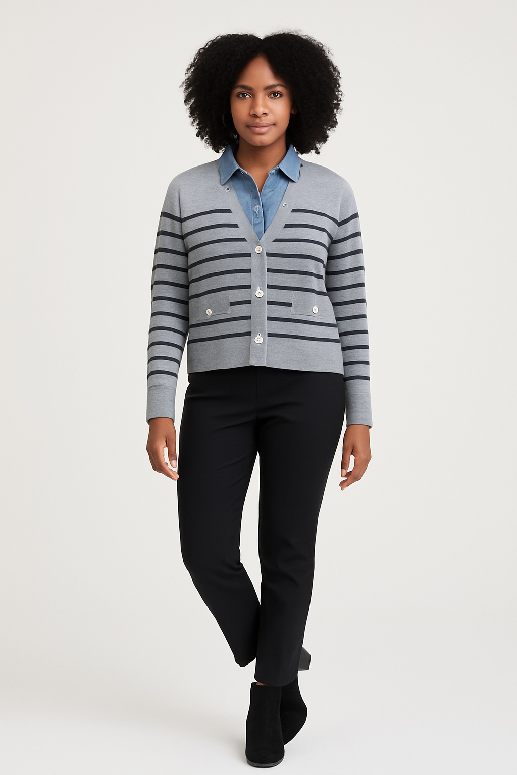 Πλεκτό Ριγέ Cardigan με Τζιν Λεπτομέρειες - Image 4