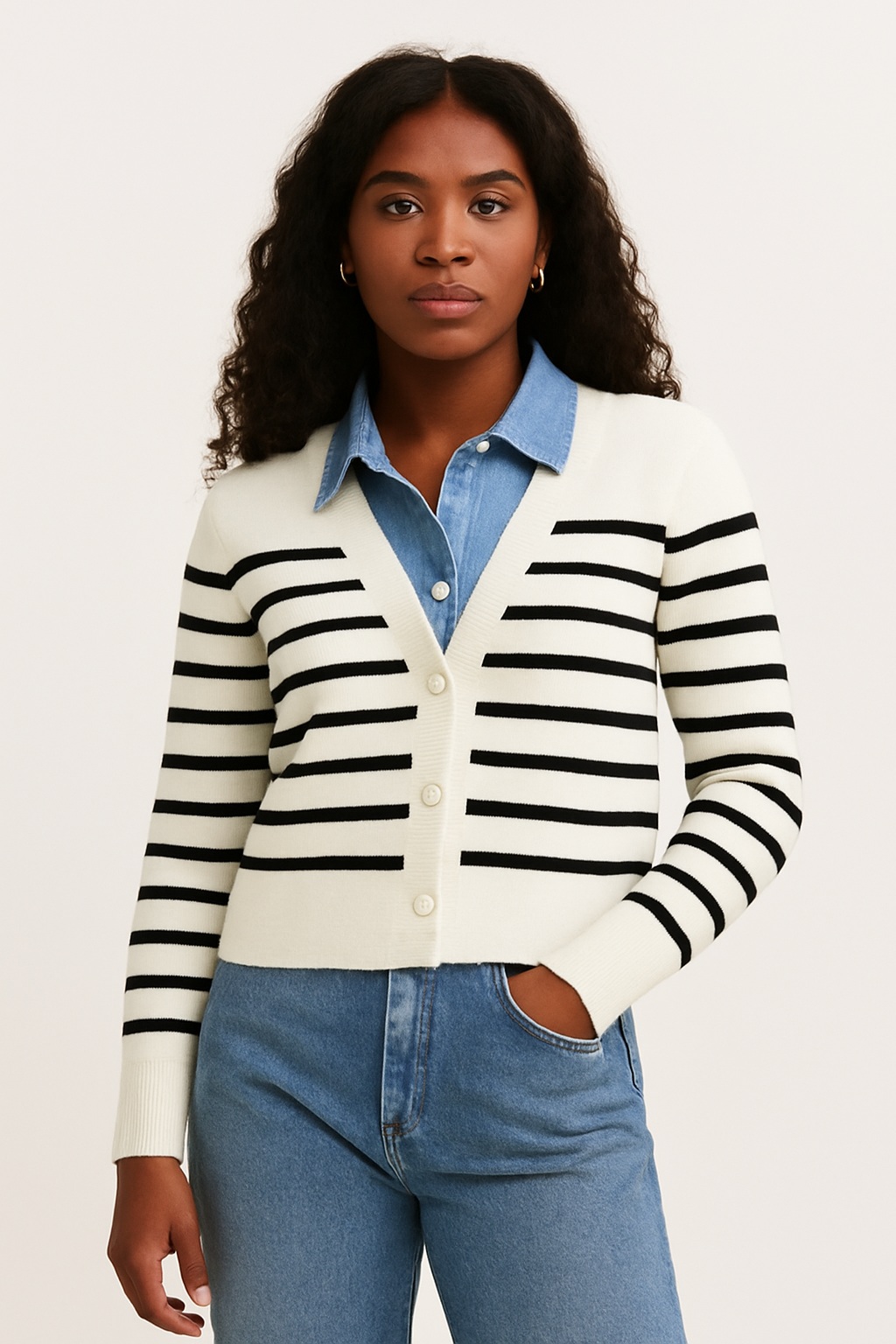 Πλεκτό Ριγέ Cardigan με Τζιν Λεπτομέρειες - Image 5