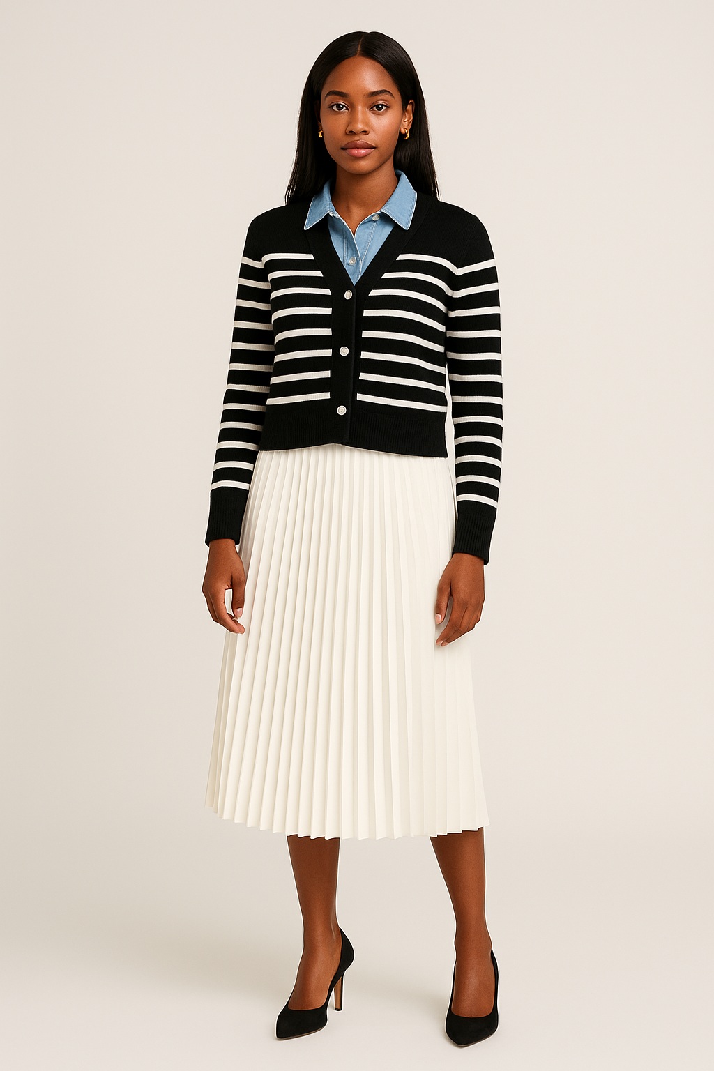 Πλεκτό Ριγέ Cardigan με Τζιν Λεπτομέρειες - Image 6