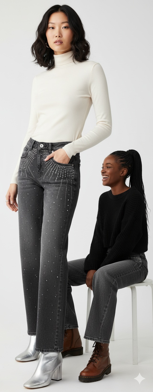 Τζιν Ψηλόμεσο Ελαστικό Wide Leg με Στρας - Image 3