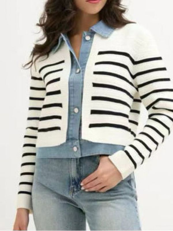 Πλεκτό Ριγέ Cardigan με Τζιν Λεπτομέρειες